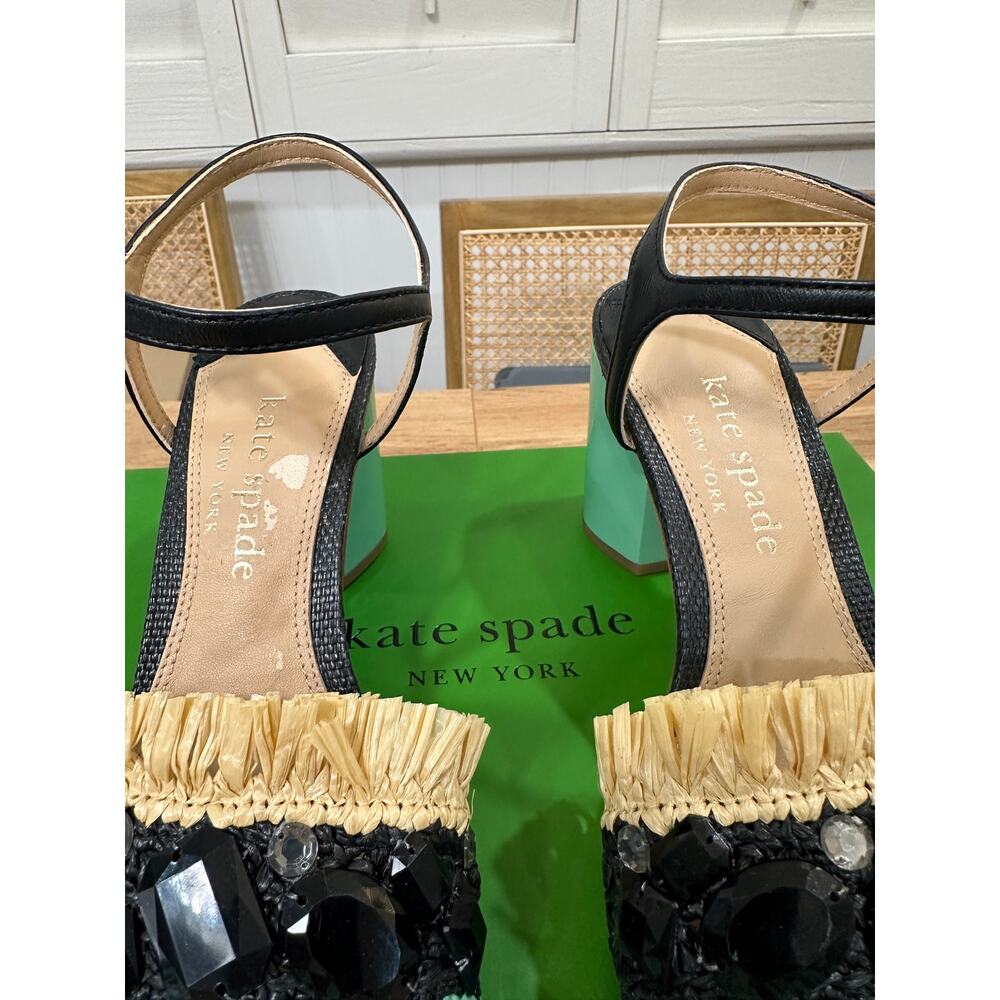 Kate Spade Bora Bora Heel Black Natural Mint Crochet Raffia Size 5 NIB Vacation - Picture 6 of 16
